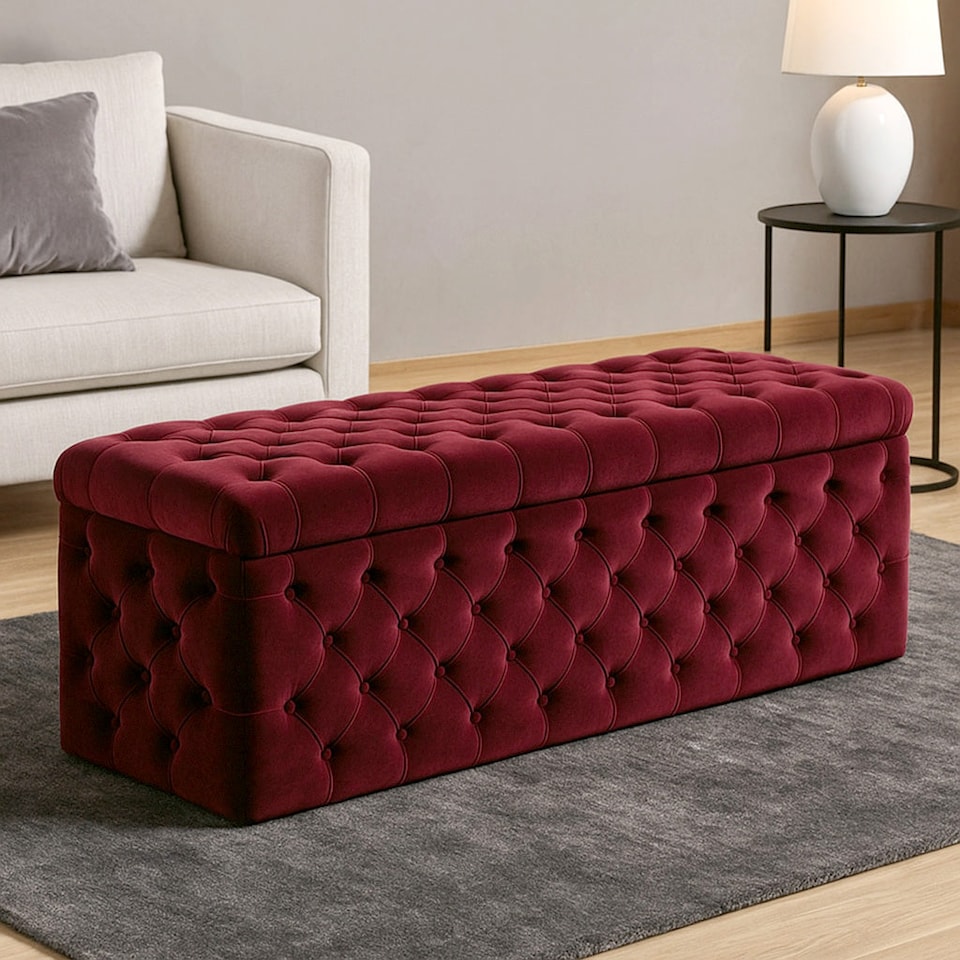 image 1 of 120cm Wide Lux Ottoman Storage Box, Red Velvet Upholstered Chesterfield Storage Ottoman Box