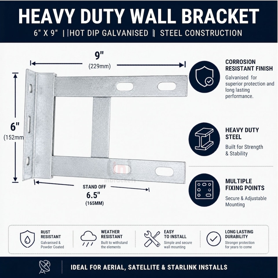 image 1 of Inbrackets 6" x 9" Heavy Duty Galvanised Wall Bracket for Starlink, TV Aerial and Satellite Mast