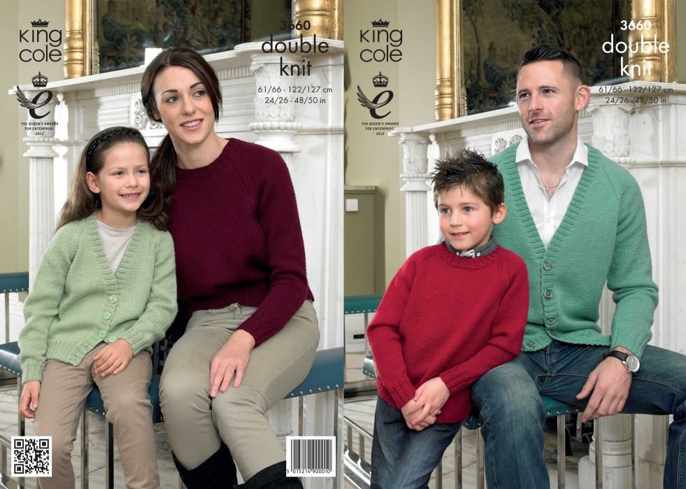 King Cole Merino Knitting Pattern 3660, Cardigans and Sweaters for Kids, Men and Women - 24 - 50 Inches - Easy