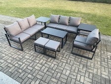 Fimous Aluminium 9 Seater Garden Furniture Outdoor Patio Sofa Set with Rectangular Coffee Table Armchair 2 Small Footstool 2 Side Tables Dark Grey