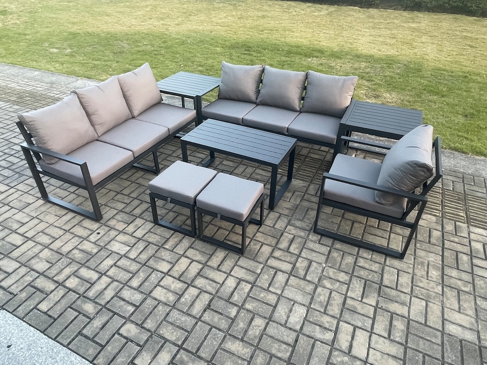 image 1 of Fimous Aluminium 9 Seater Garden Furniture Outdoor Patio Sofa Set with Rectangular Coffee Table Armchair 2 Small Footstool 2 Side Tables Dark Grey