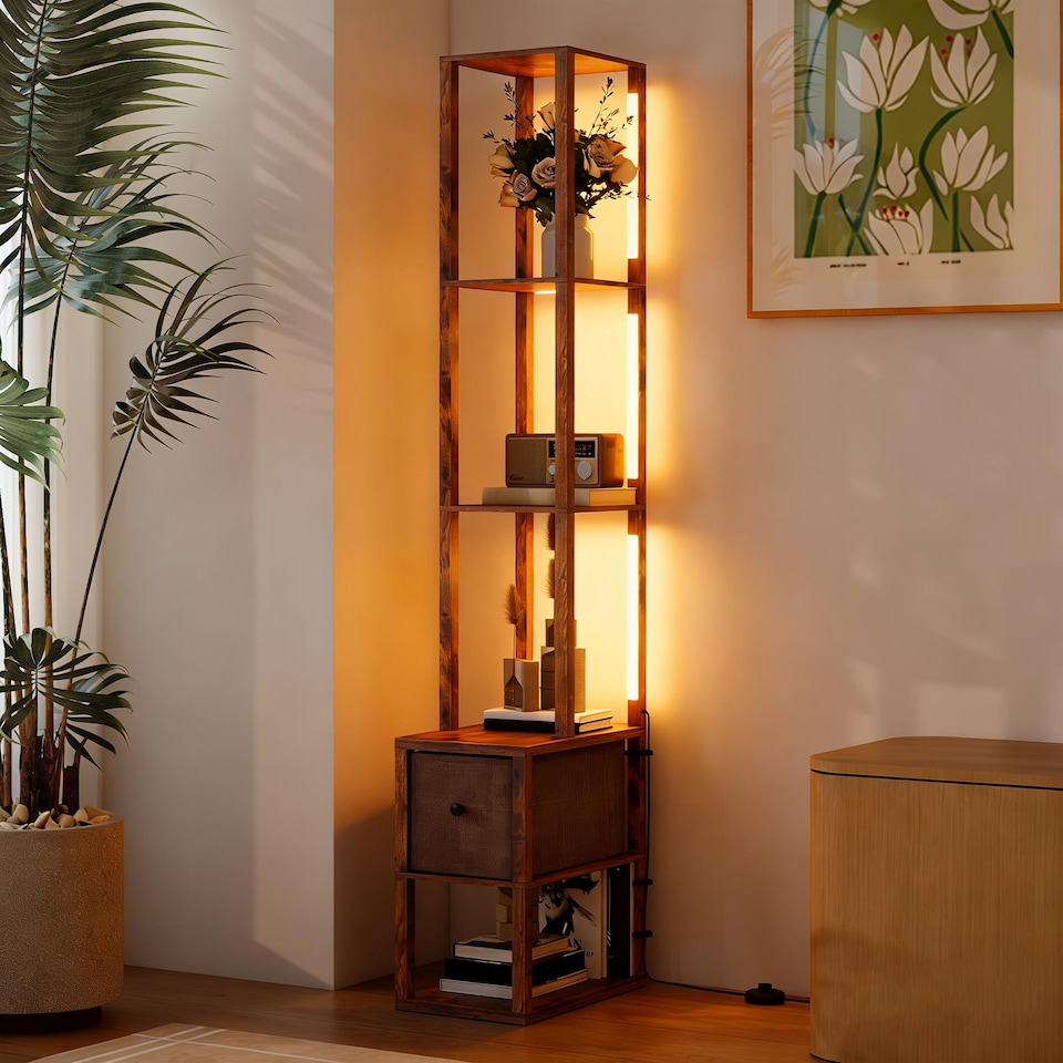 image 1 of HOMCOM LED Floor Lamp, Standing Lamp with Shelves and Fabric Drawer, Brown | Brown