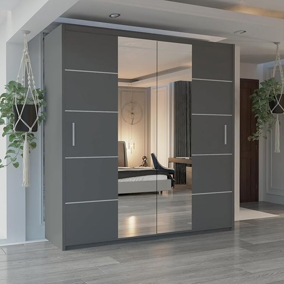 image 1 of Modern Wavy Sliding Mirror Wardrobe 120/150/180/203cm White/Black/Grey/Oak Grey | 150cm