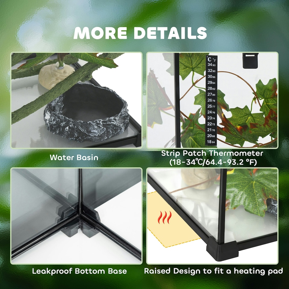 image 1 of PawHut Glass Reptile Terrarium with Thermometer, Decor Kit, Heated - Black