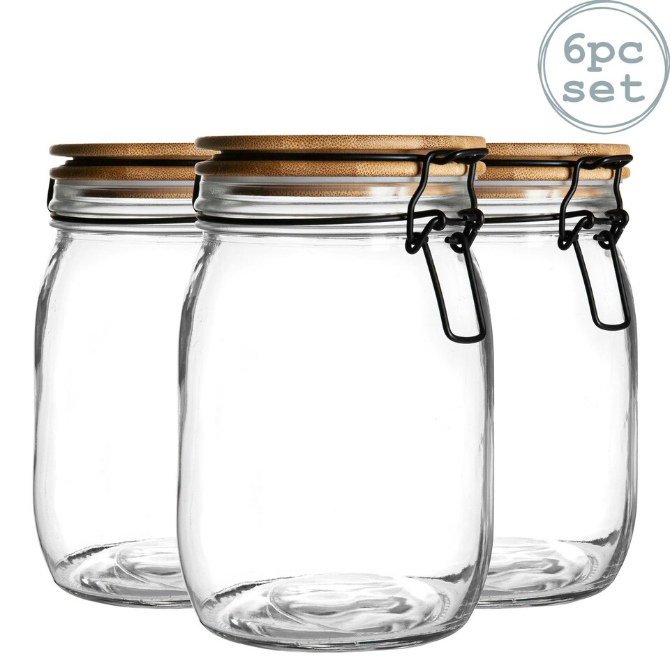 image 1 of Argon Tableware Wooden Clip Lid Storage Jars - 1 Litre - Clear Seal - Pack of 6
