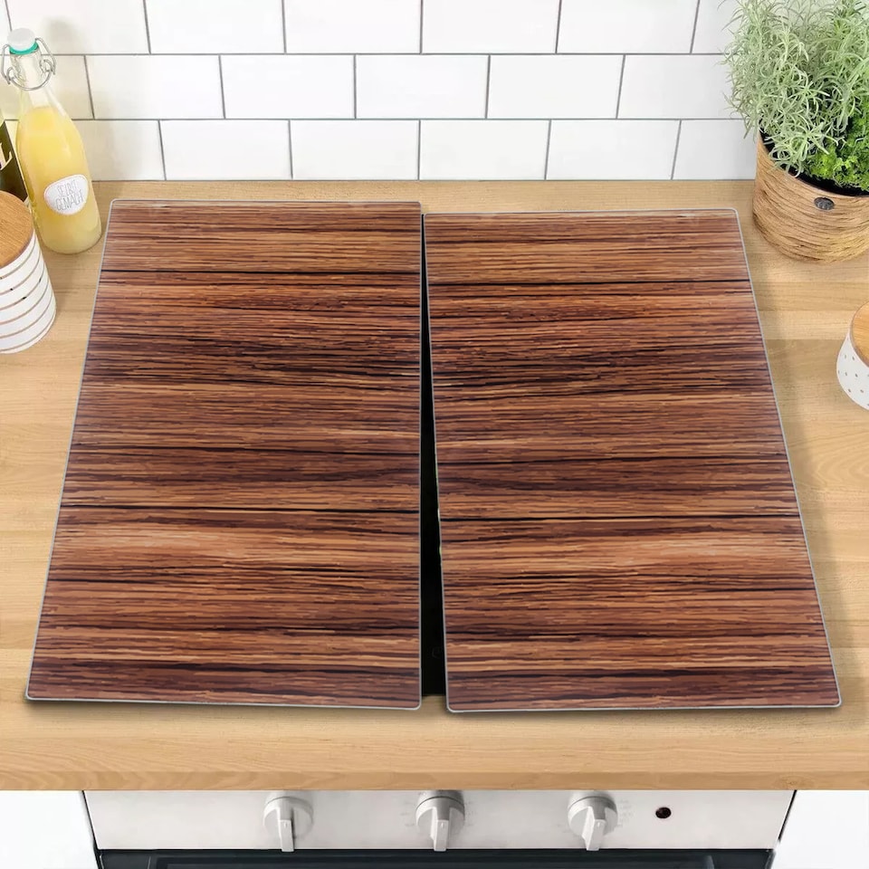 image 1 of 2 Pcs Glass Stove Cover Chopping Boards Worktop Protectors | Grey | Wood Effect | 2