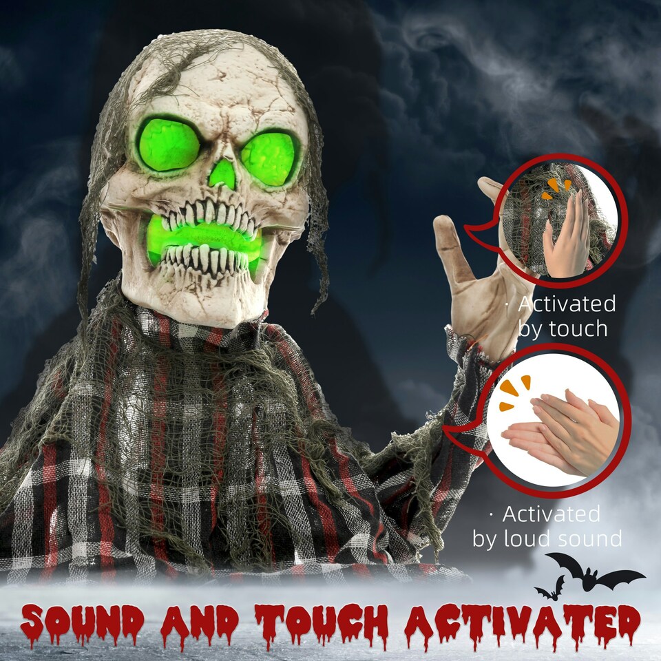 image 1 of HOMCOM 70c8 Groundbreaker Skeleton Outdoor Halloween Decoration, Halloween Animatronic with Sound Activated, Light Up Eyes, Sound Effects, Animated Prop for Haunted House