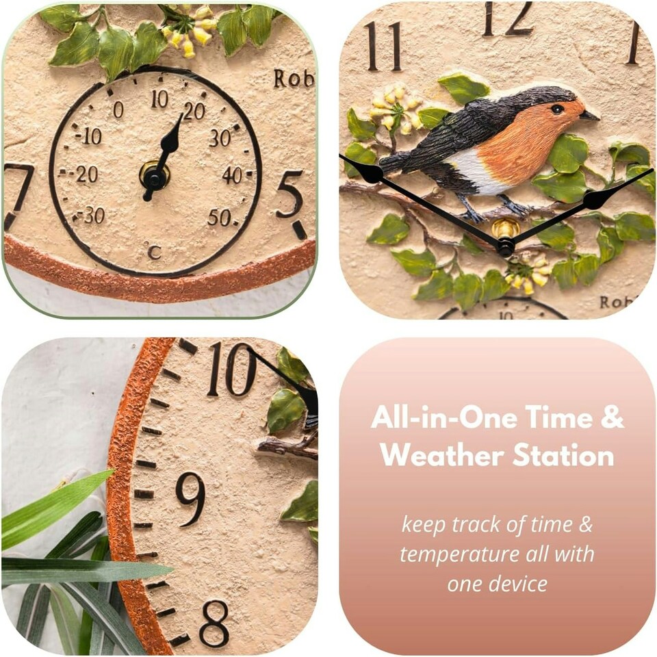 image 1 of Marco Paul 30cm Robin Garden Clocks with Thermometer N/A