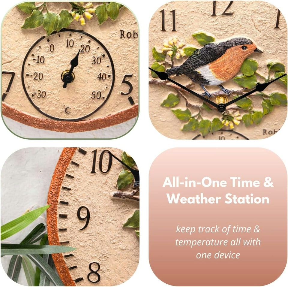 image 1 of Marco Paul 30cm Robin Garden Clocks with Thermometer | Multi