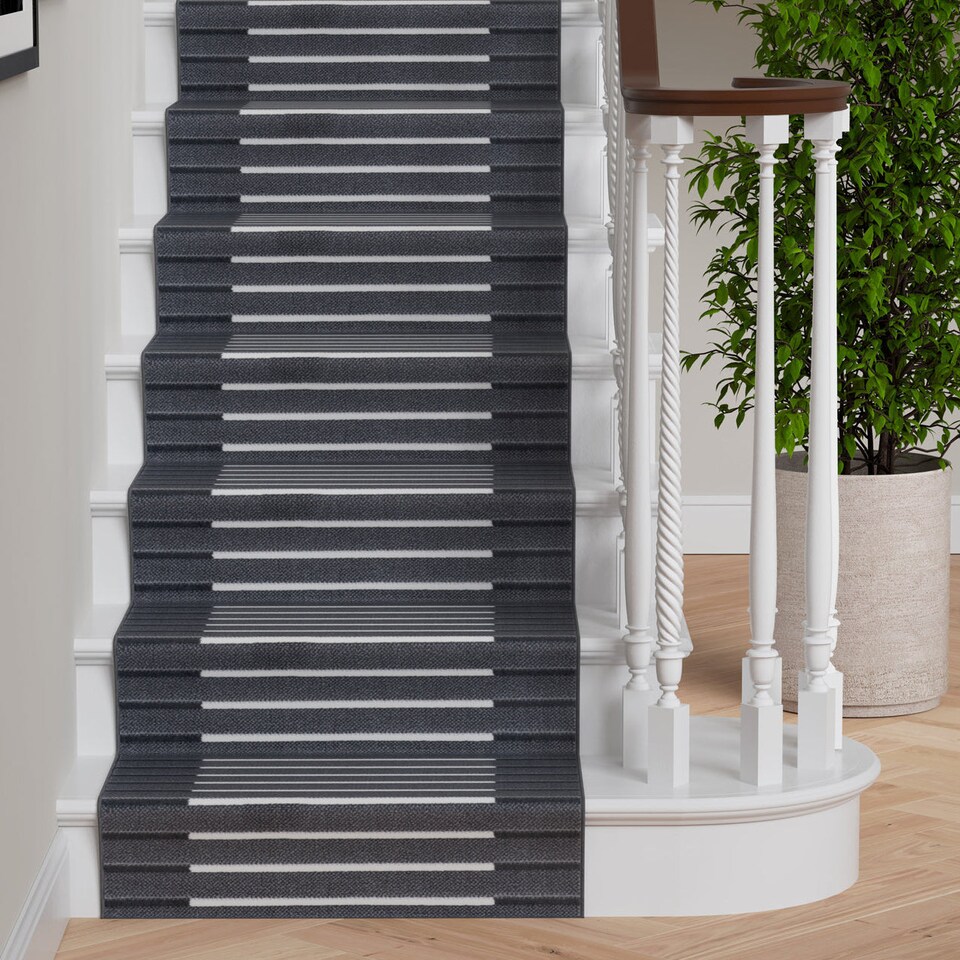 image 1 of kukoon 3ft - 39ft Grey Striped Stair Carpet Long Hallway Runner Rug 70cm x 549cm