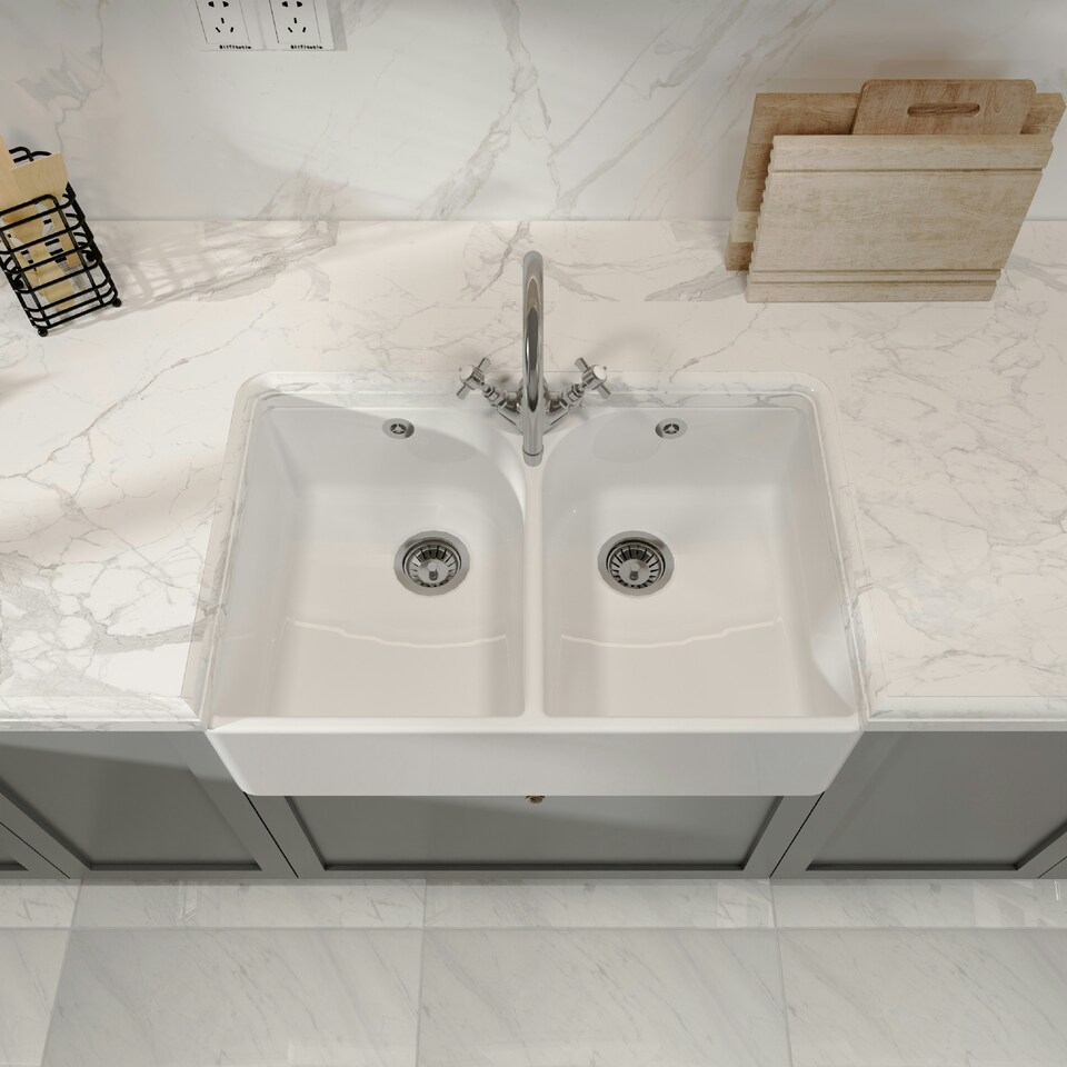 image 1 of Double Bowl Fireclay Ceramic Butler Kitchen Sink with Full Weir, Overflows & Wastes