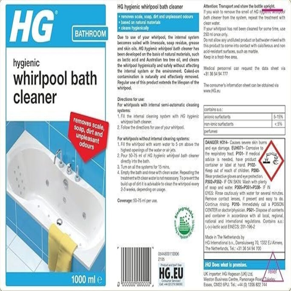 image 1 of HG hygienic whirlpool bath cleaner 1L -- 2 Pack