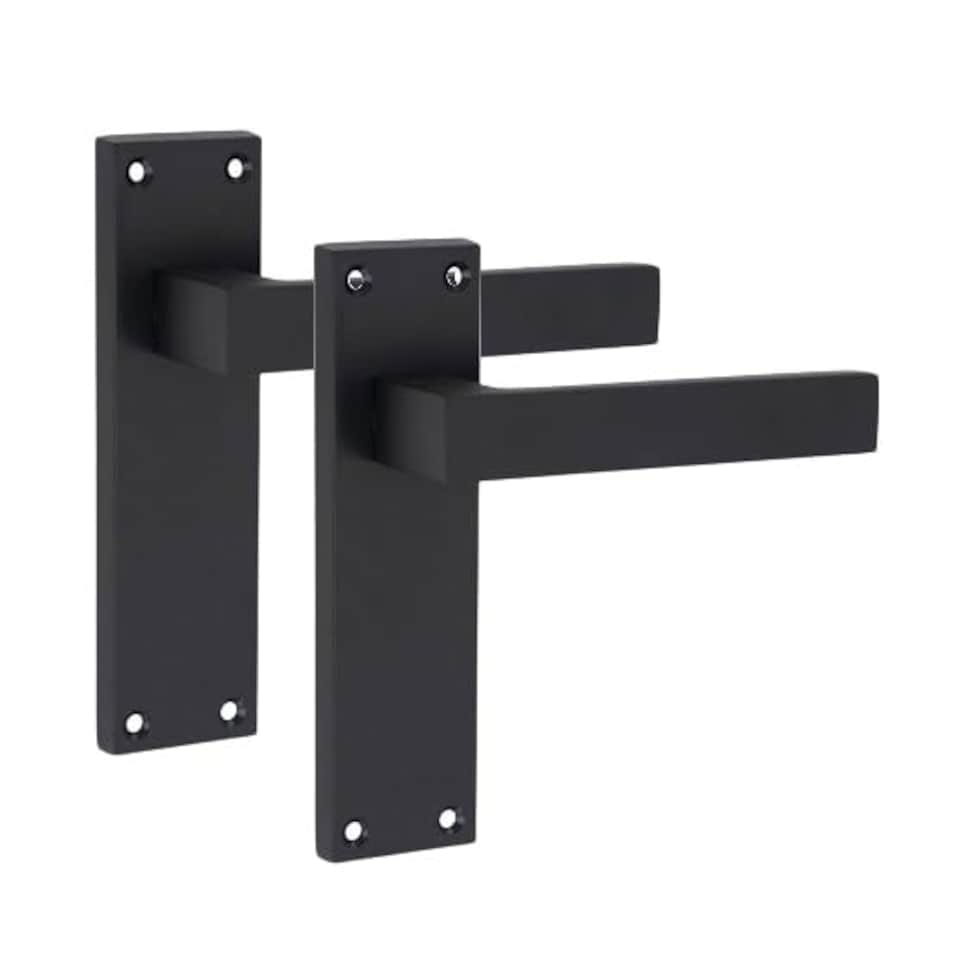 image 1 of Golden Grace 5 Sets Victorian Straight Delta Door Handles in Matt Black with 1 Pair of 3" Ball Bearing Hinges & Latches Pack - 150mm x 40mm Backplate Black