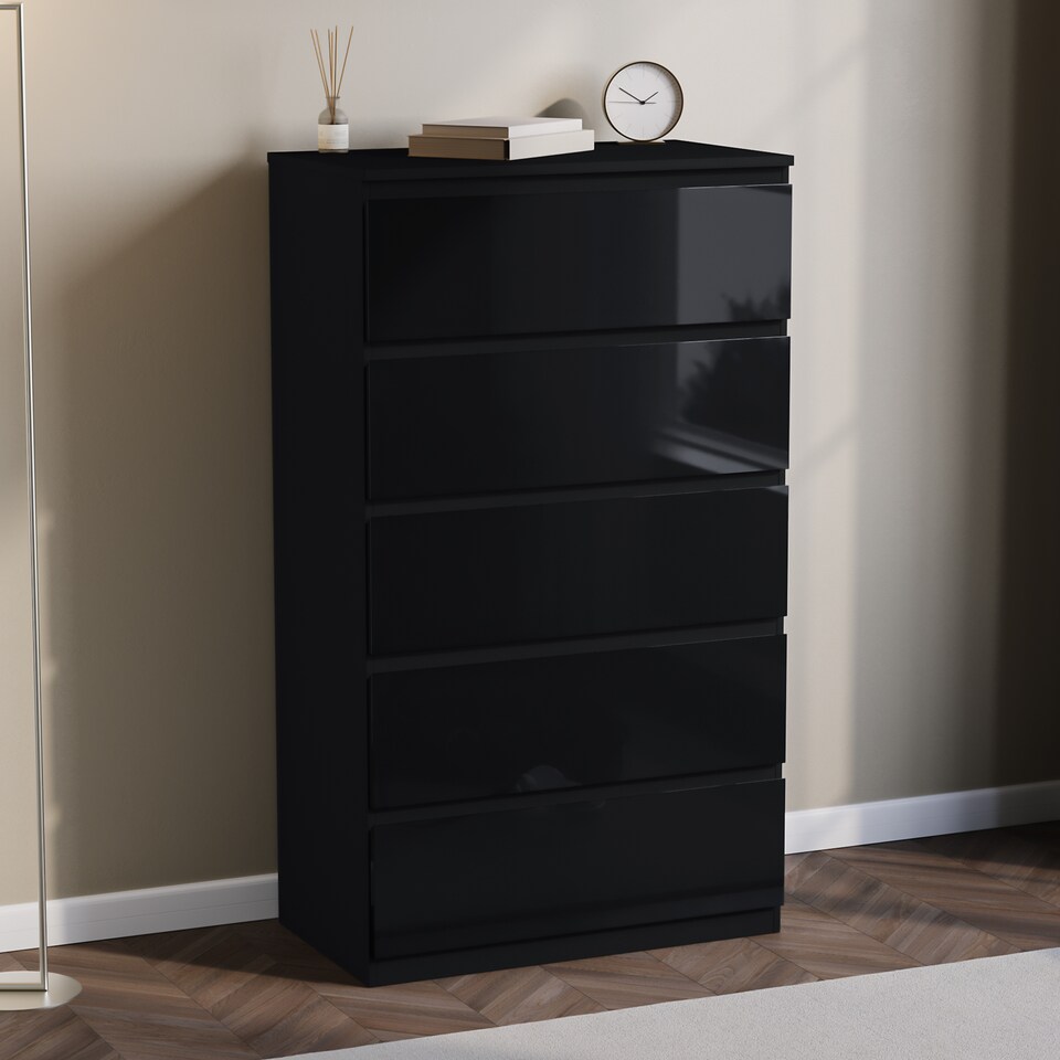 image 1 of Vida Designs Glinton 4 Piece FSC Certified Bedroom Set (2 Drawer Bedside Chest x2, 5 Drawer Chest, 2 Door 2 Drawer Wardrobe), Black | Black | Black | L | 4
