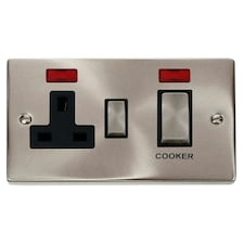 SE HOME Satin / Brushed Chrome Cooker Control Ingot 45A With 13A Switched Plug Socket & 2 Neons Black | Satin Chrome