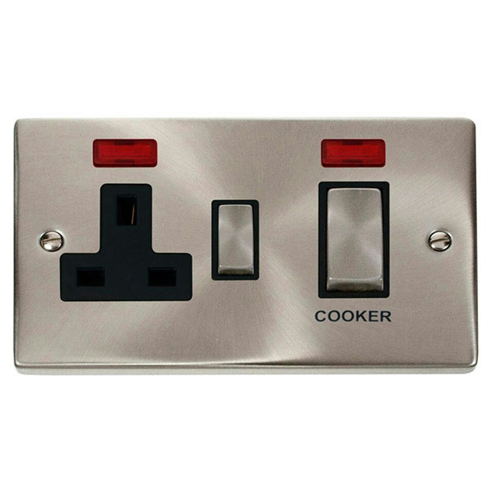 image 1 of SE HOME Satin / Brushed Chrome Cooker Control Ingot 45A With 13A Switched Plug Socket & 2 Neons Black | Satin Chrome