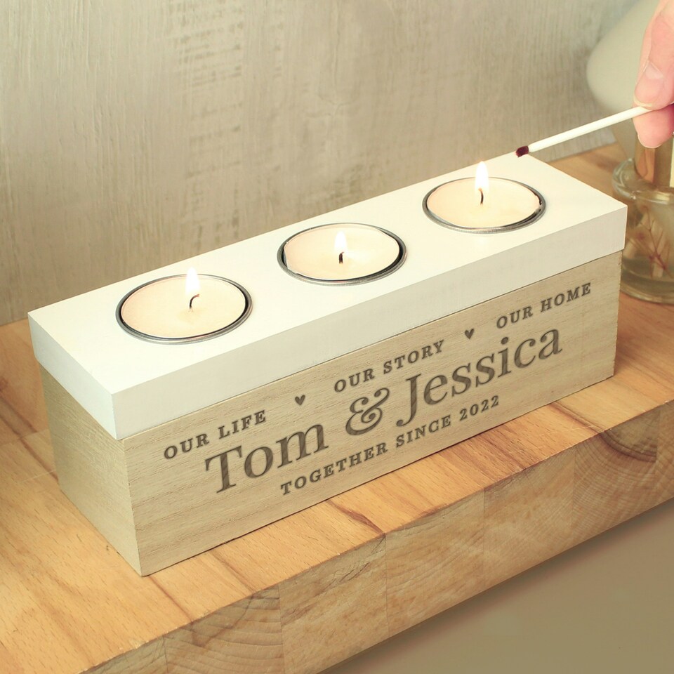image 1 of Personalised Our Life Story & Home Triple Tea Light Box Brown