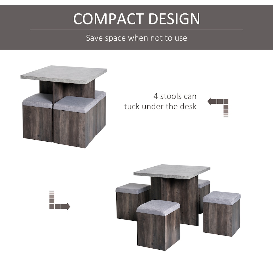 image 1 of HOMCOM 5PC Dining Set Garden Patio Wooden Set 4 Storage Stools Footrest Ottoman with Cushions Table Space Saving Design Indoor Outdoor