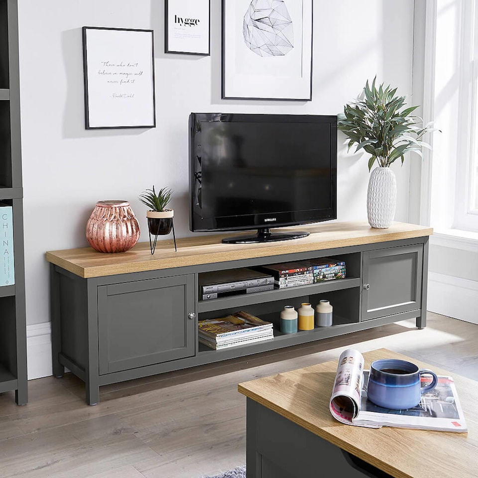 image 1 of Console TV Stand Television Unit Living Room Furniture Oak Solid | Grey