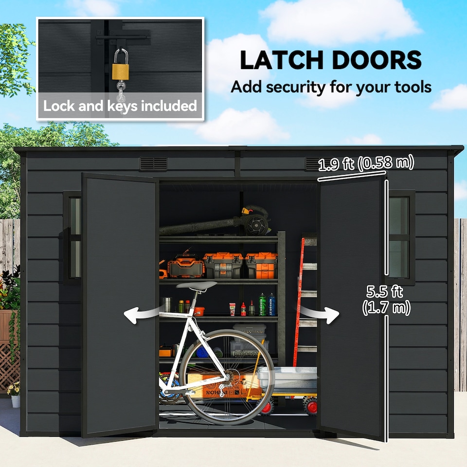 image 1 of Outsunny 10 x 6 ft Plastic Garden Shed with Floor, Lockable Doors, Dark Grey | Grey | Dark Grey
