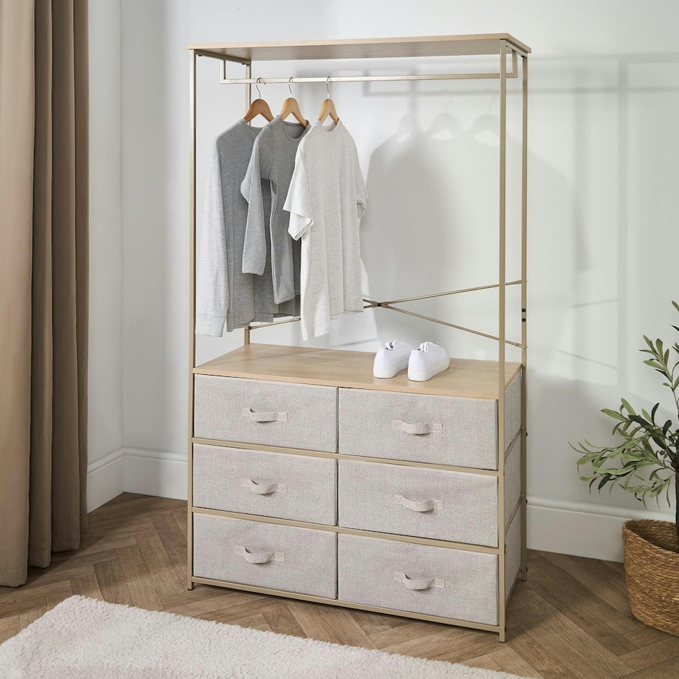 image 1 of OHS Brooklyn 6 Drawer Home Storage Fabric Display Cabinet With Hanging Rail Brown | Beige
