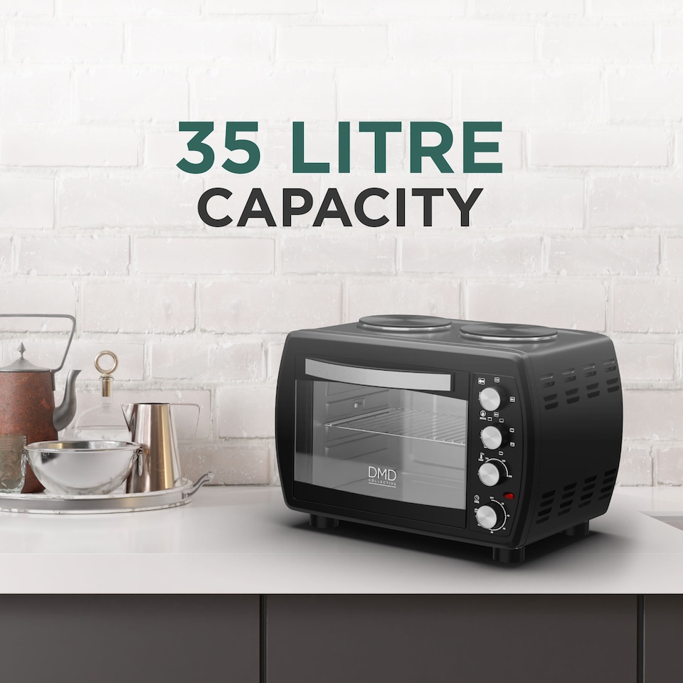 image 1 of DMD 35L Mini Oven with Dual Hot Plates, 100-250°C Temperature Control, 120min Timer, Wire Rack and Baking Tray