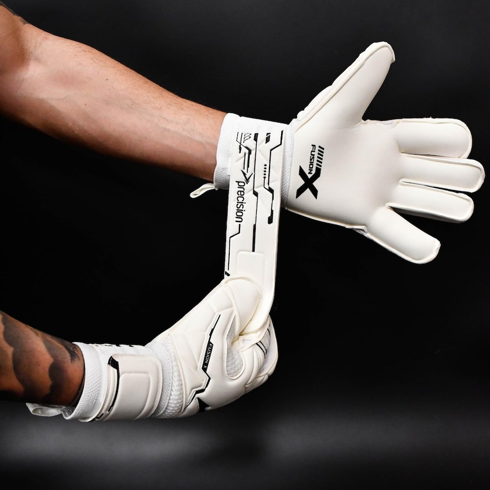 image 1 of Precision Fusion X Pro Classic Hybrid Giga Goalkeeper Gloves, 4mm Giga Latex, Hybrid Cut, Enhanced Wrist Support, Breathable Mesh, White Black, 11