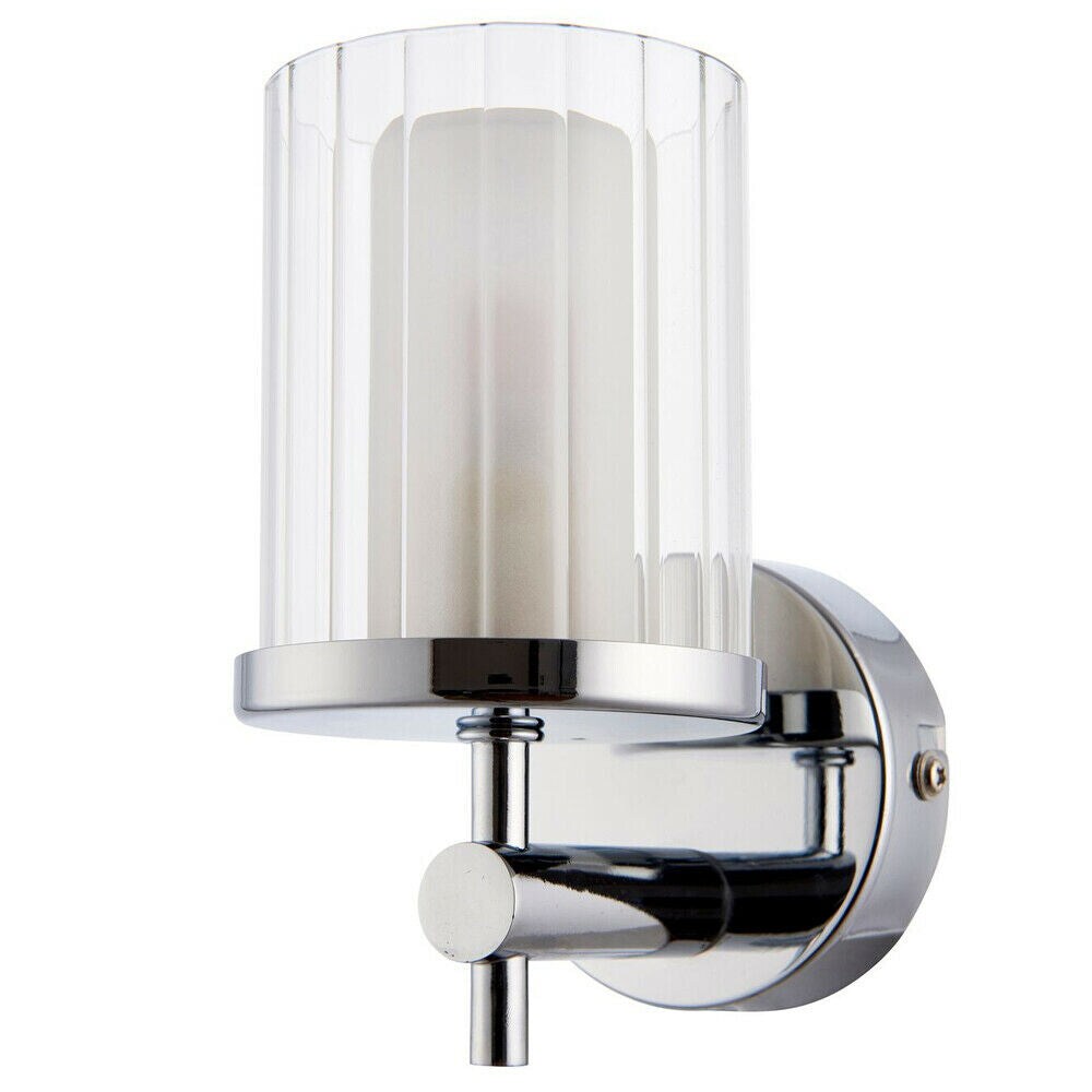 Loops IP44 Bathroom Wall Light Chrome & Clear Ridged Glass Modern Round Dimmable Lamp