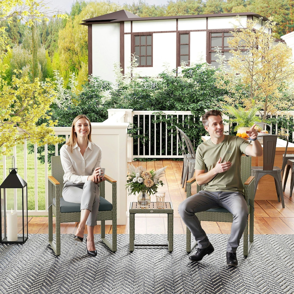 image 1 of Outsunny 3-Piece Rattan Bistro Set with Acacia Wood Table, Grey