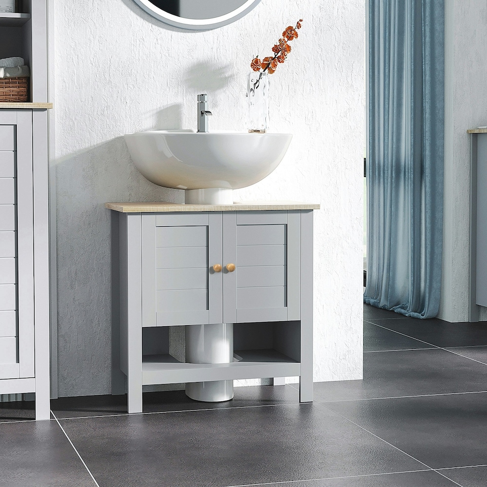 image 1 of kleankin Bathroom Under Sink Cabinet with Adjustable Shelf, White, Grey White | White, Grey
