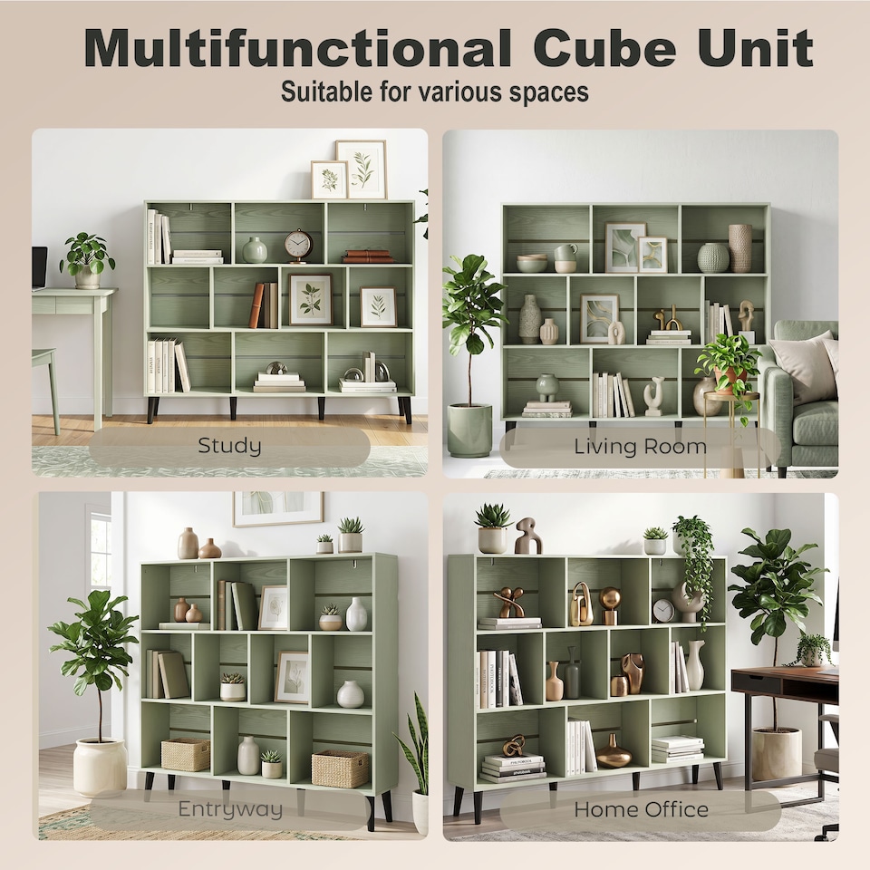 image 1 of HOMCOM 3-Tier Bookshelf with 10 Cubbies, Book Shelf with Wood Legs