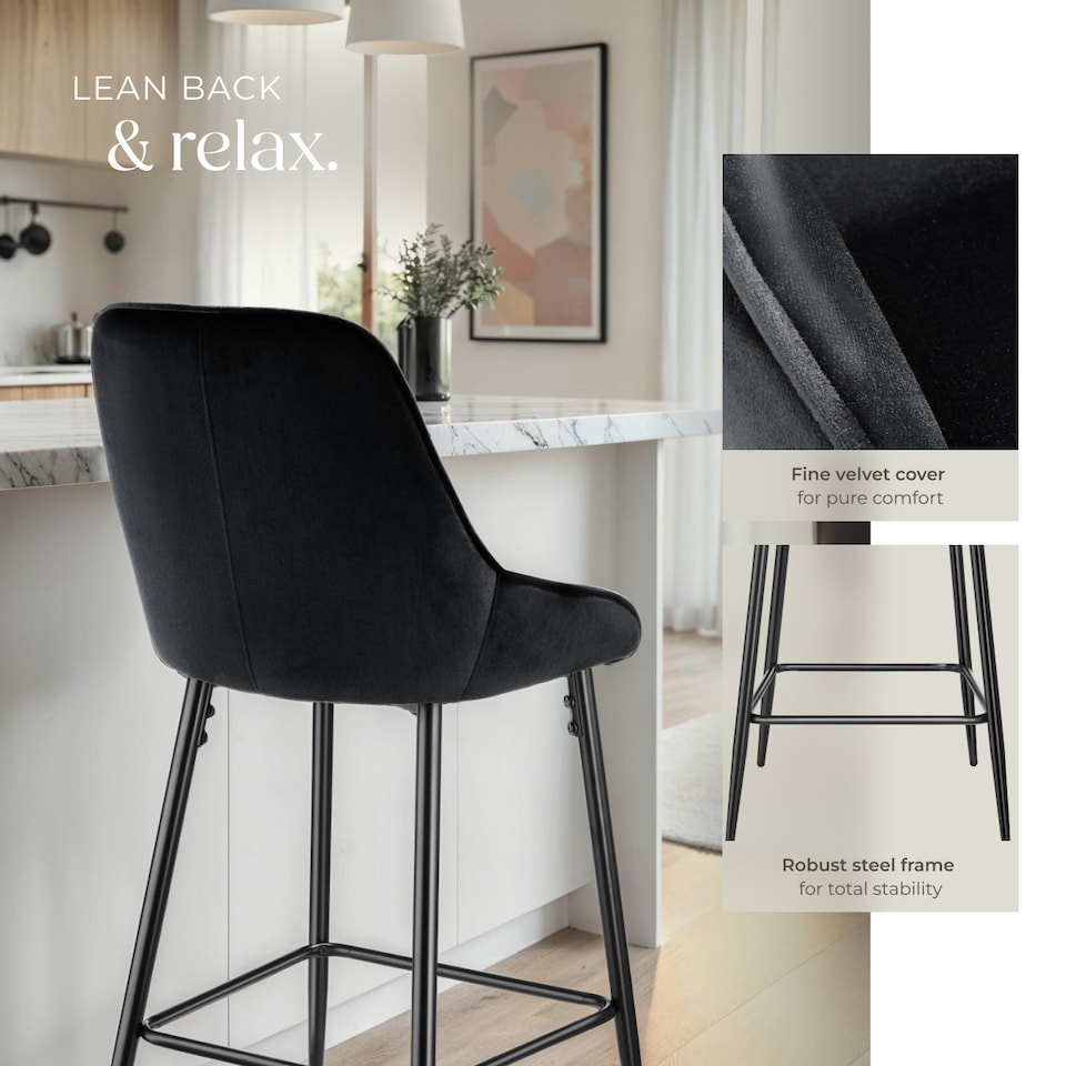 image 1 of Bar Stool Siera with backrest, padding and soft fabric | Black | Velvet look black/black | 54 x 49 x 100 cm | 4