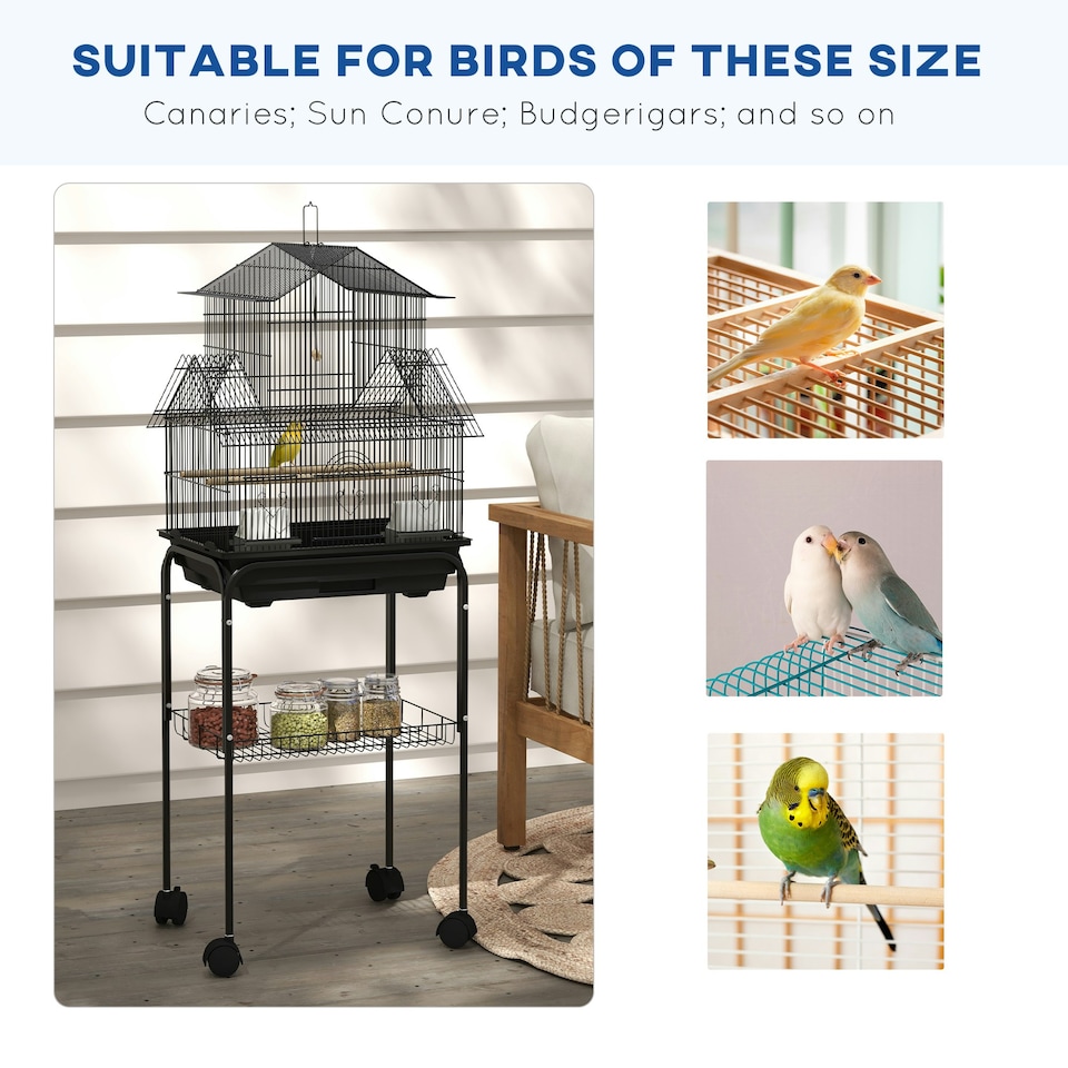 image 1 of PawHut Metal Bird Cage w/ Perch, Food Container, Handle, for Finch, Canary