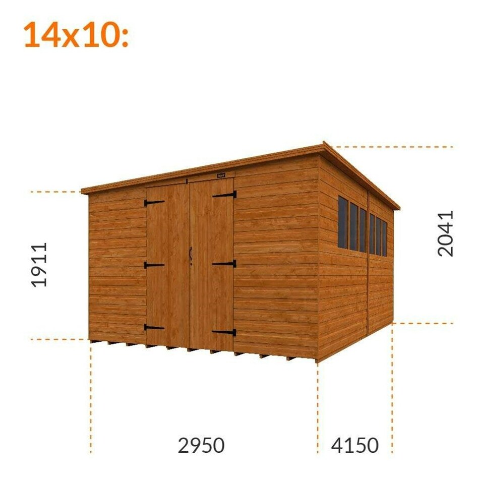 image 1 of 14ft x 10ft (4150mm x 2950mm) Horsforth Shiplap Pent Workshop Shed with 6 Windows (12mm Tongue and Groove Floor and Roof)