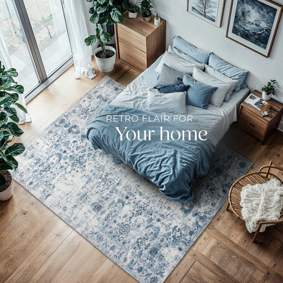 image 1 of Vintage Rug Amara - faded design, machine washable, short pile & non-slip underside Blue | 274 x 200 cm