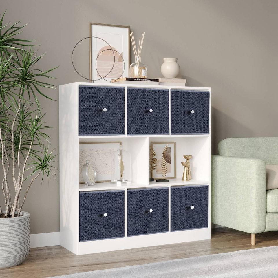 image 1 of Asymmetrical 8 Cube Bookcase Unit w/ 6 Drawer Inserts | White | White & Navy Blue | 8