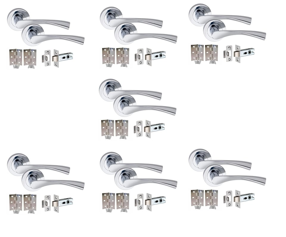 image 1 of Golden Grace 7 Sets Astrid Design Modern Lever Latch Door Handles on Round Rose in Polished Chrome Finish | Chrome | 7 Set