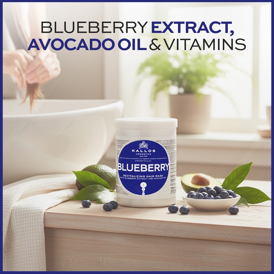 image 1 of Kallos KJMN Blueberry Revitalising Hair Mask 1L Deeply hydrating care for dry damaged chemically treated hair enriched avocado oil for shine and nourishment