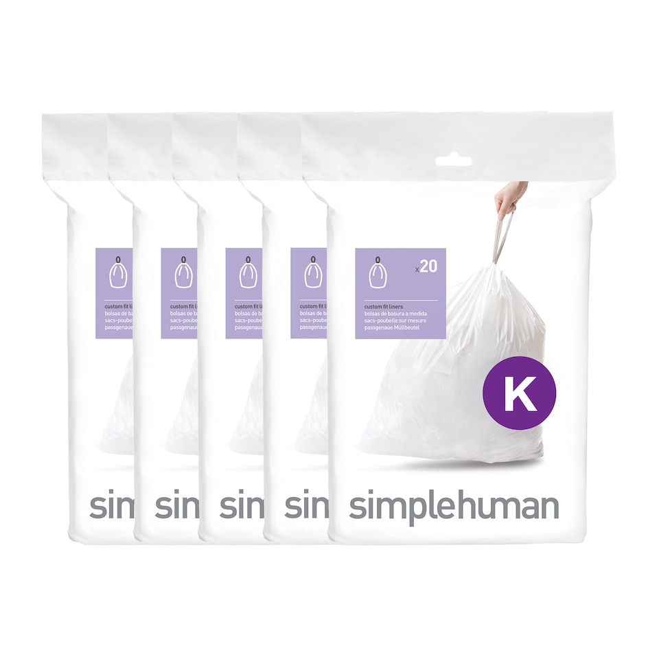 image 1 of Simplehuman 45L Code K Bin Liners, 50% Recycled Custom Fit Bin Bags, Pack of 100 | White | Code K | Code K | 5