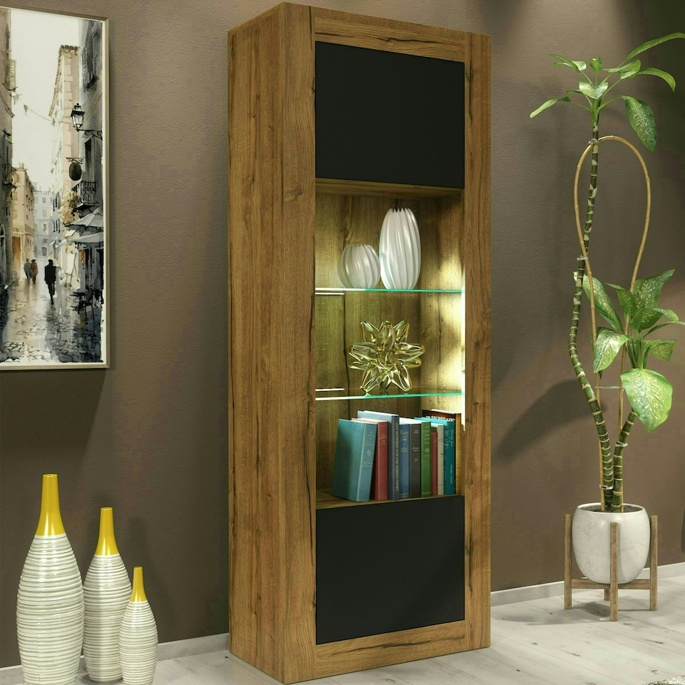 image 1 of Tall Cabinet 170cm Black Matt Doors Oak Matt Body Free LED Light Multi | Oak & Black