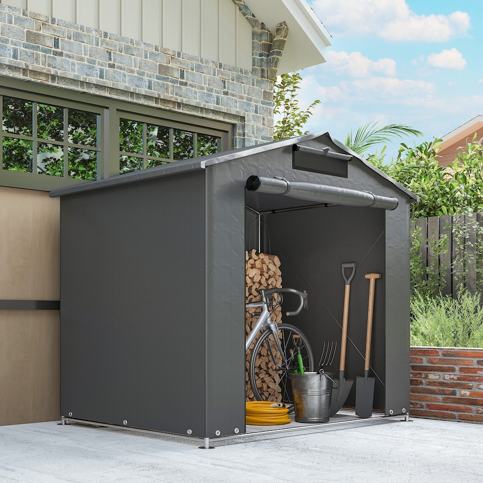 image 1 of Outsunny 6 x 4 ft Outdoor Garden Storage Shed, Waterproof Bike Tent with Vent and Roll-Up Zipper Door,Outdoor Portable Shed Storage Shelter  for Bikes, Dark Grey