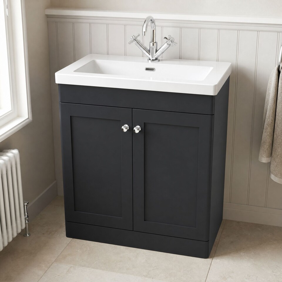 image 1 of Balterley Swynnerton Traditional 2 Door Floor Standing Vanity Unit with Fireclay Basin, Dark Grey, 800mm
