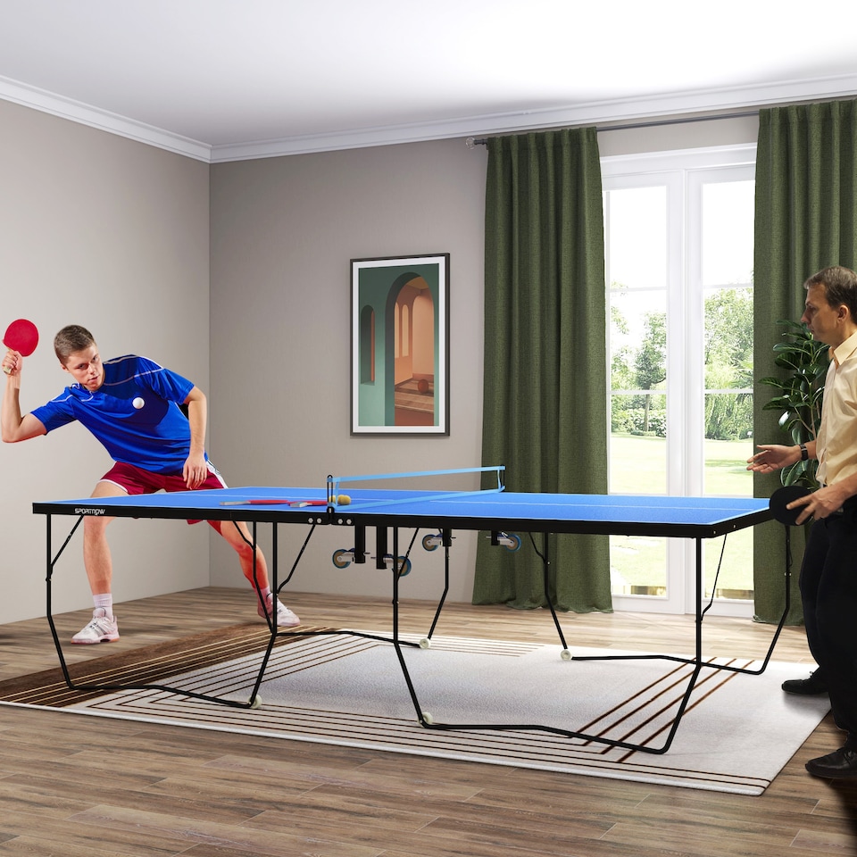 image 1 of SPORTNOW 9ft Folding Table Tennis Table, Portable FullSize Tennis Table with Eight Wheels, Two Bats, Three Balls, Blue