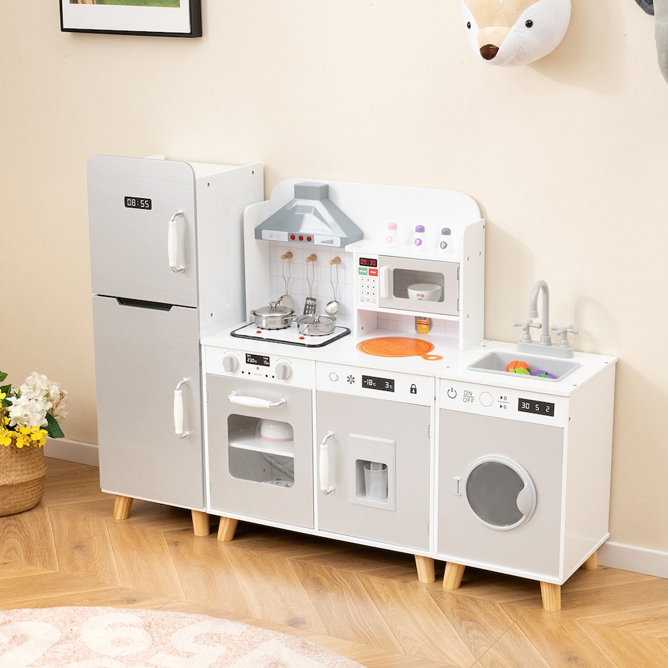 image 1 of COSTWAY Modular Kids Kitchen Playset Corner Chef Pretend Kitchen Toy-Grey