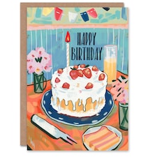 Strawberry Cake Table Flowers Man Woman Girl Birthday Card