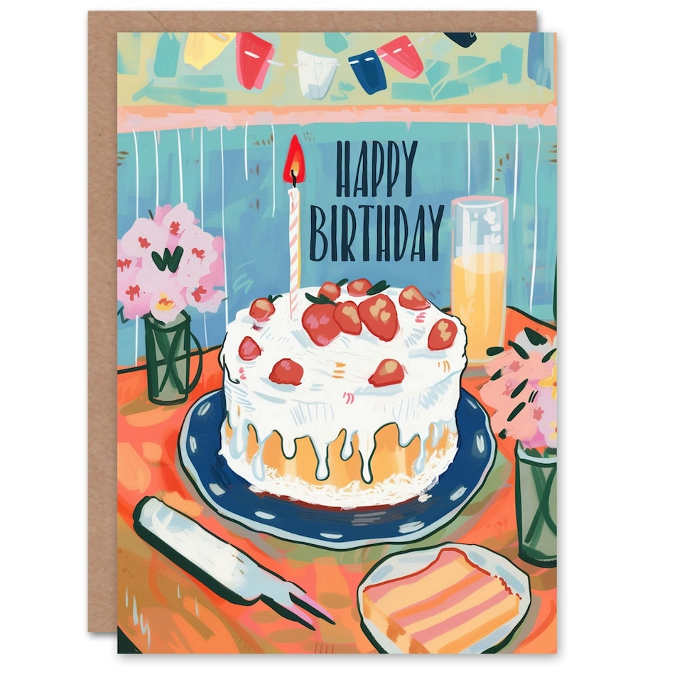 image 1 of Strawberry Cake Table Flowers Man Woman Girl Birthday Card