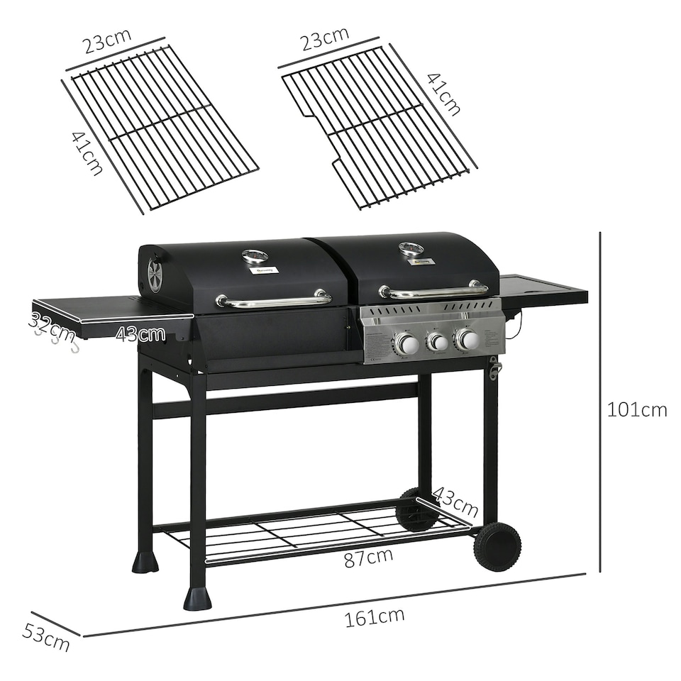 image 1 of Outsunny Dual Fuel BBQ Grill with Wheels, Warming Rack, Black