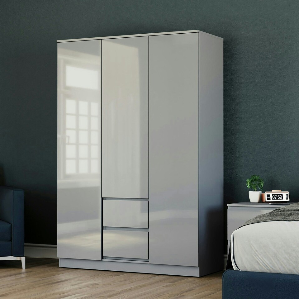 image 1 of Vida Designs Glinton 3 Door 2 Drawer Wardrobe High Gloss Doors With Shelf & Clothes Rail, 100% FSC, Grey