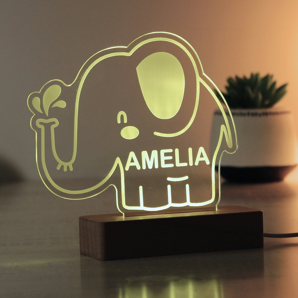 image 1 of Personalised Elephant Wooden Based LED Light