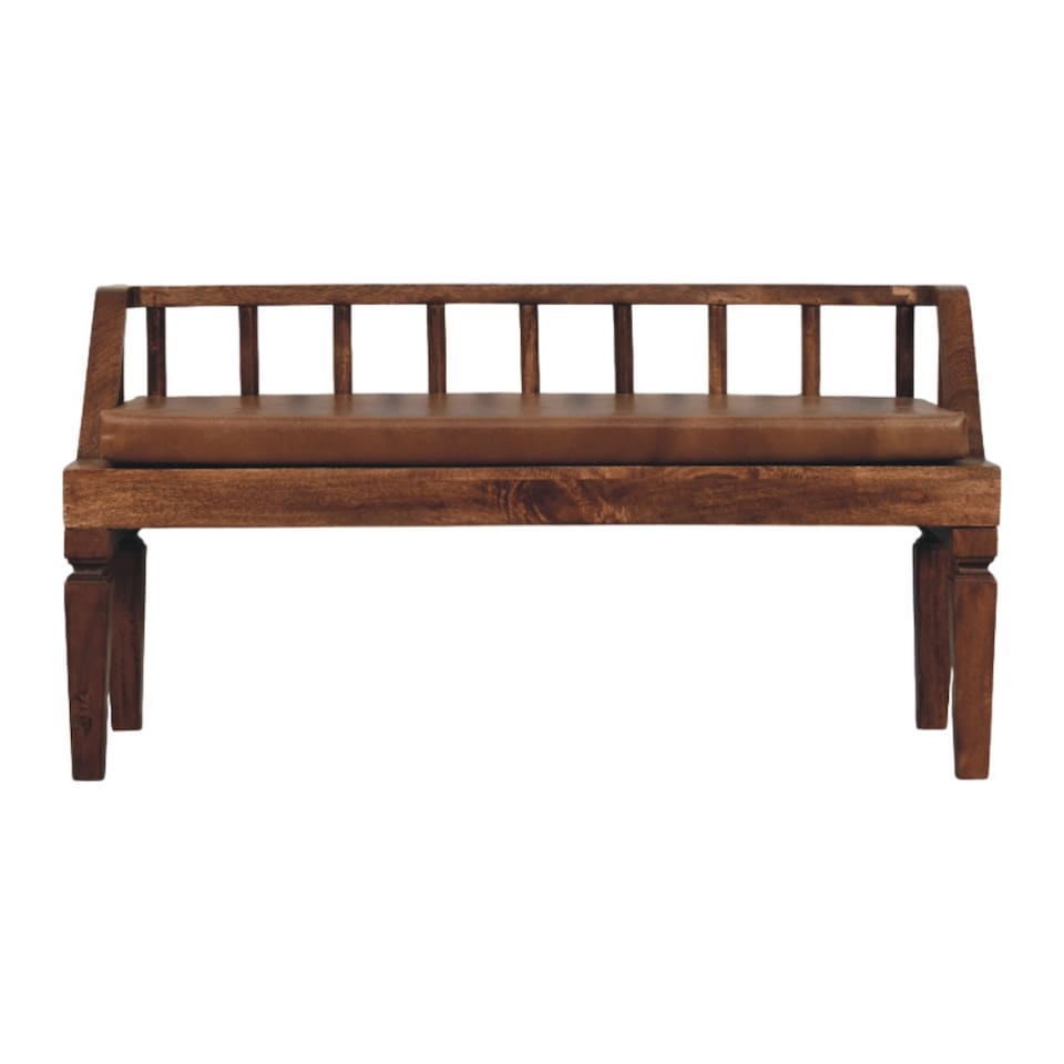 image 1 of Artisan Furniture Solid Wood Bordeaux Leather Bench, Upholstered, Brown